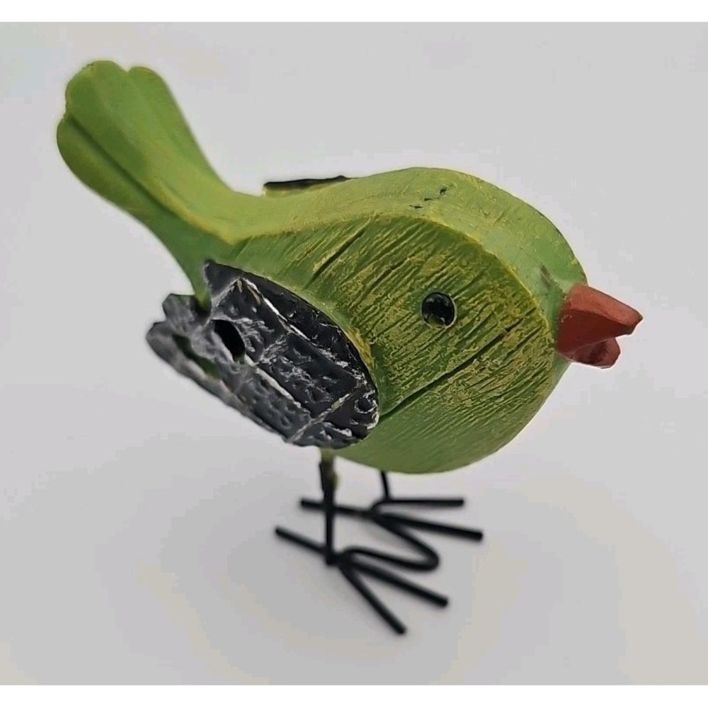 Green Resin Bird Figurine Faux Carved Wood Look Metal Legs Feet 4 Inch Decor